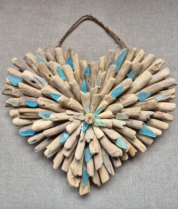 Coastal Natural Driftwood Sea Glass Heart 30cm