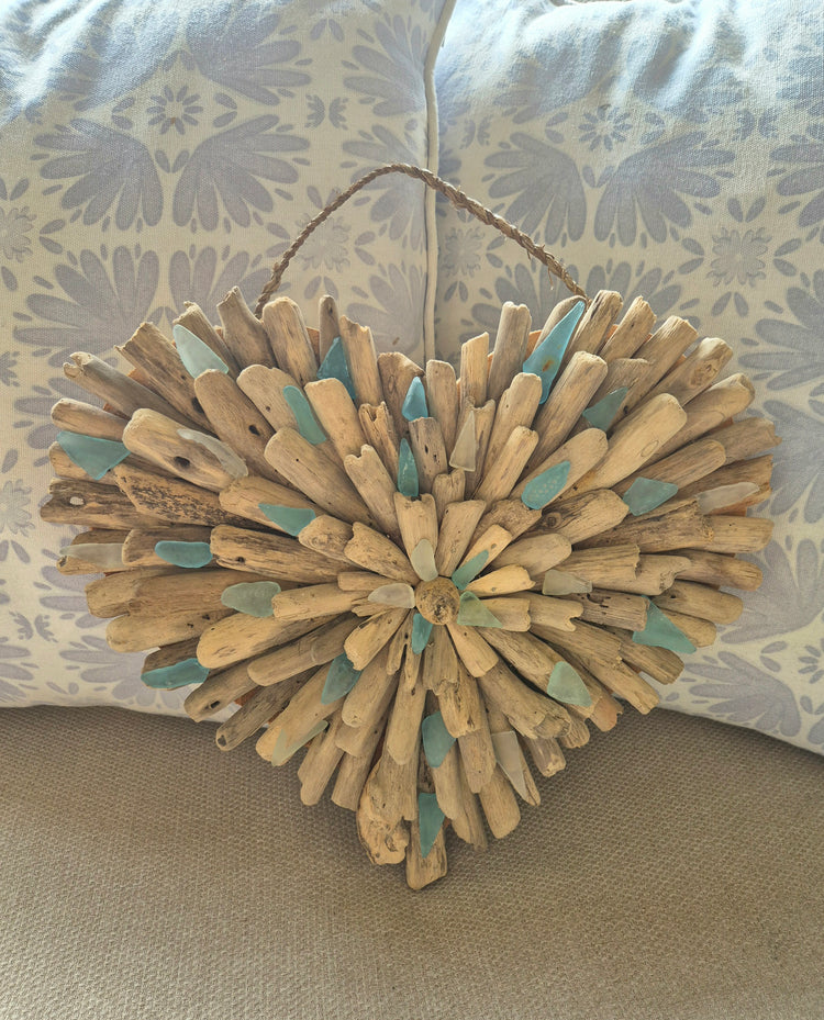 Coastal Natural Driftwood Sea Glass Heart 30cm
