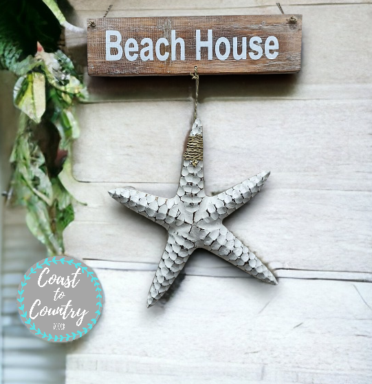 Coastal 'BEACH HOUSE' Starfish Rustic Wooden Sign