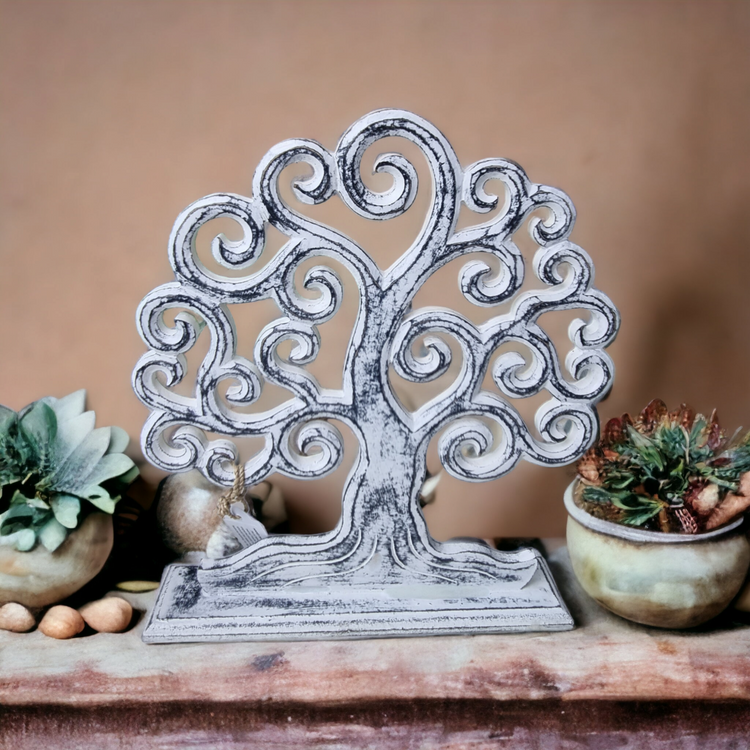 Hand Crafted White Tree of Life Wooden Table Topper 27cm Boho