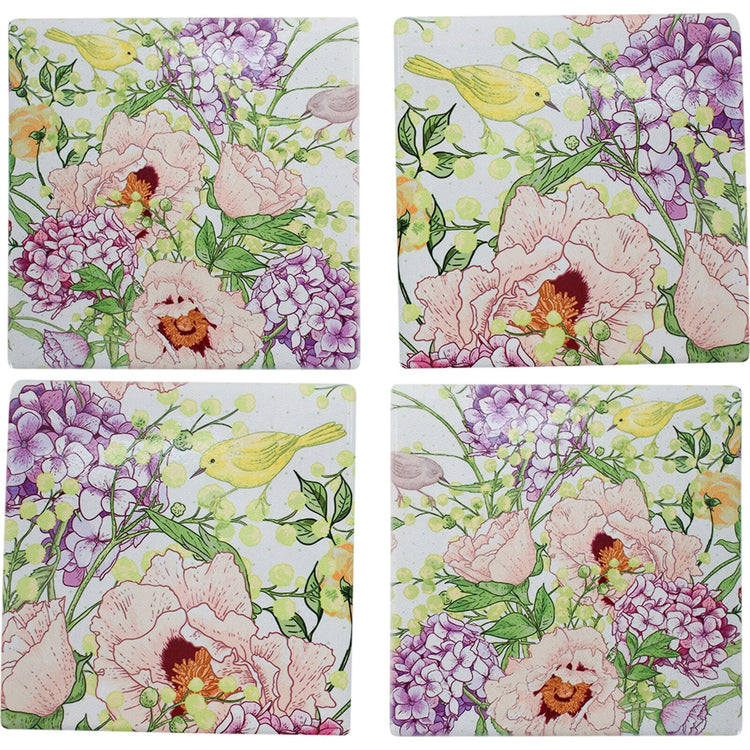 Coast to Country Decor square coasters featuring a vibrant botanical print of peonies, hydrangeas, and songbirds.