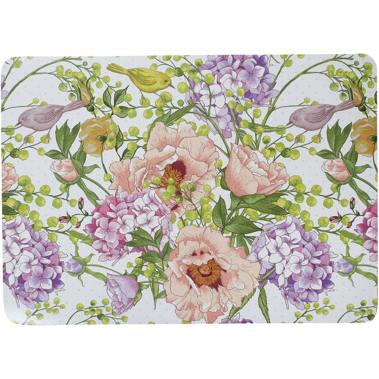 Coast to Country Decor floral placemat with pink peonies, purple hydrangeas, and yellow songbirds on a white background.