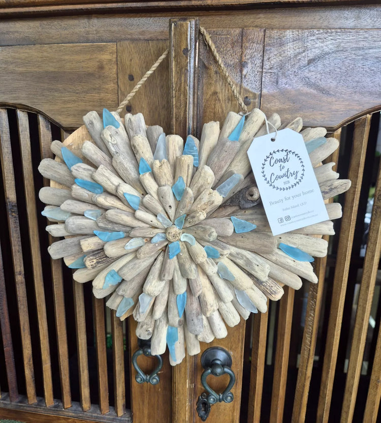 Coastal Natural Driftwood Sea Glass Heart 30cm