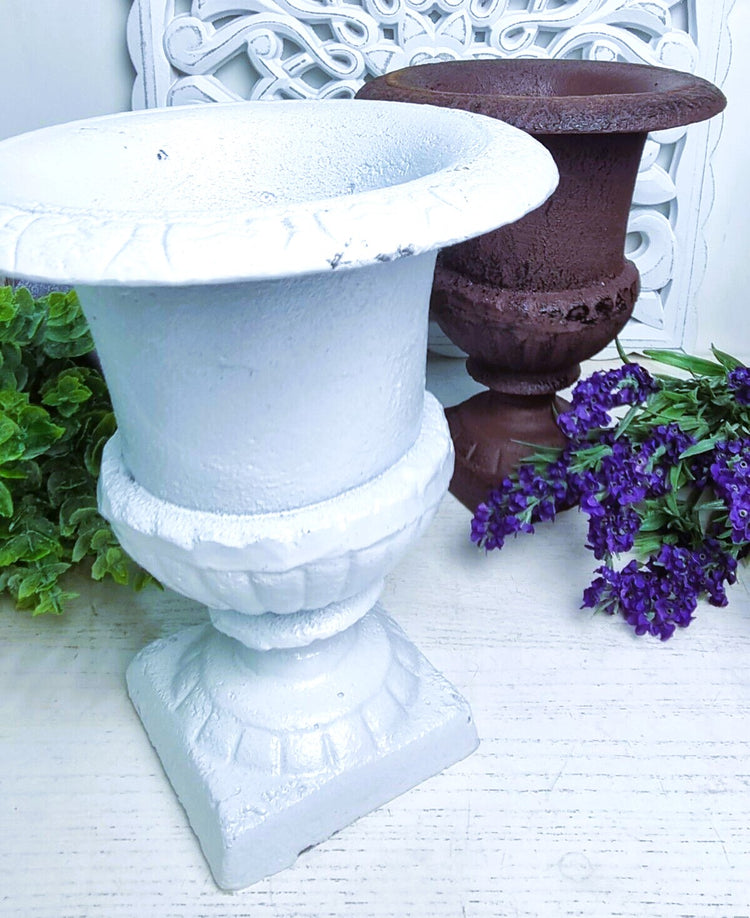 Cast Iron Urn French Provincial Vase Rustic Garden Planter Aust. Made 21cm White