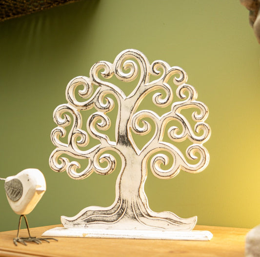Hand Crafted White Tree of Life Wooden Table Topper