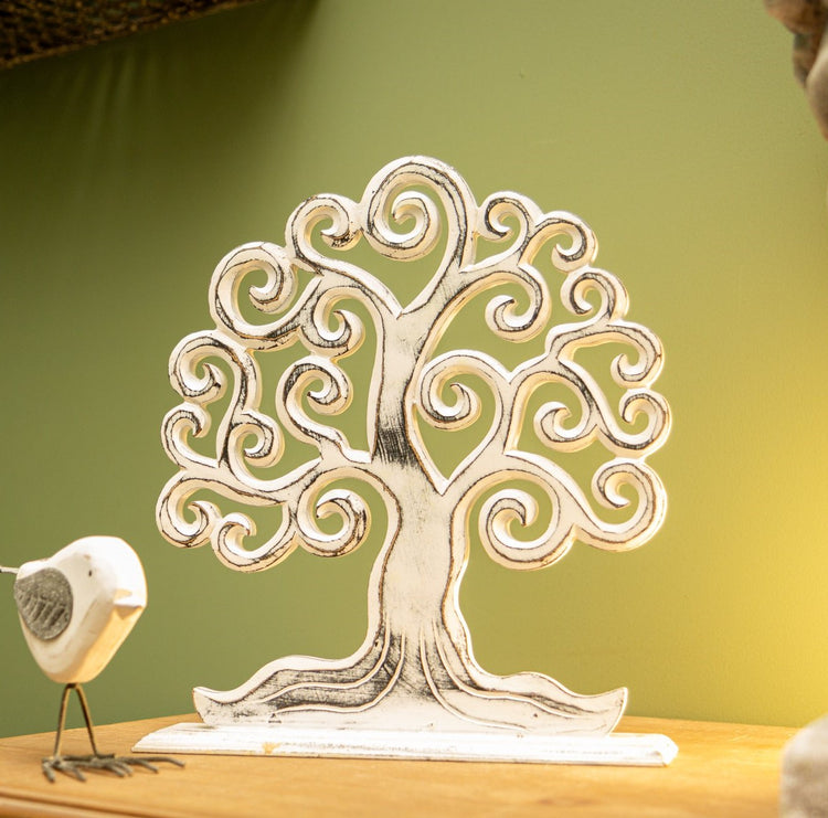 Hand Crafted White Tree of Life Wooden Table Topper 27cm Boho