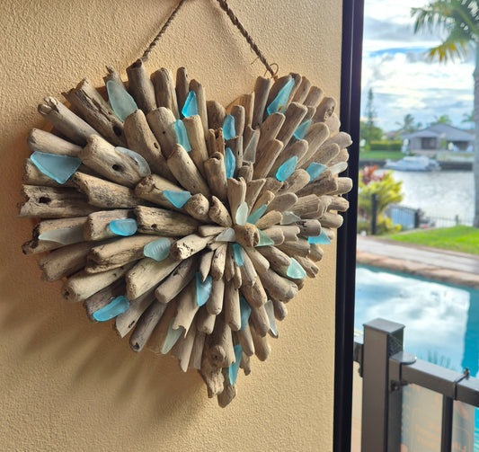 Coastal Natural Driftwood Sea Glass Heart 30cm