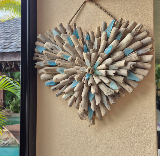 Coastal Natural Driftwood Sea Glass Heart 30cm