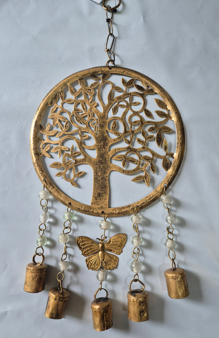 Tree Of Life Metal Wind Chime Hanging Wall Art Butterfly Beads & Bells 43cm