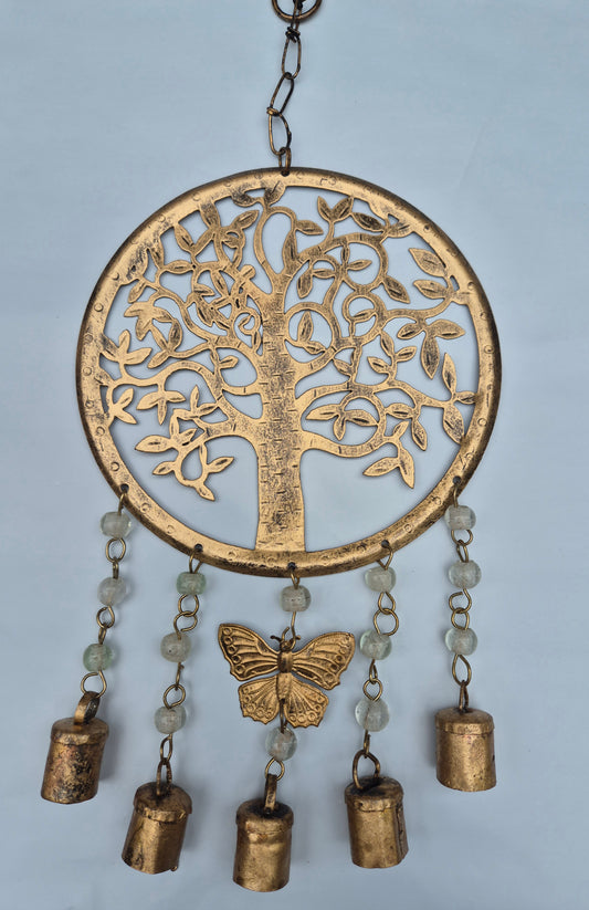 Tree Of Life Metal Wind Chime Hanging Wall Art Butterfly Beads & Bells 43cm
