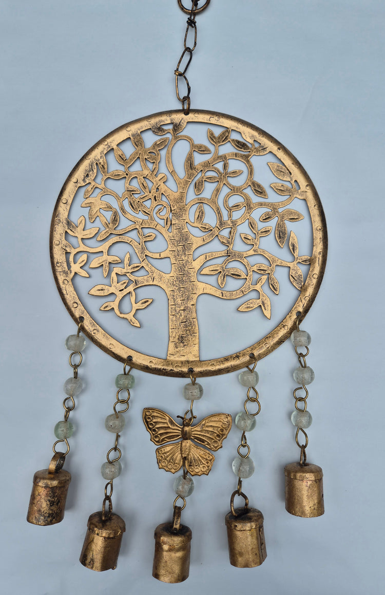 Tree Of Life Metal Wind Chime Hanging Wall Art Butterfly Beads & Bells 43cm