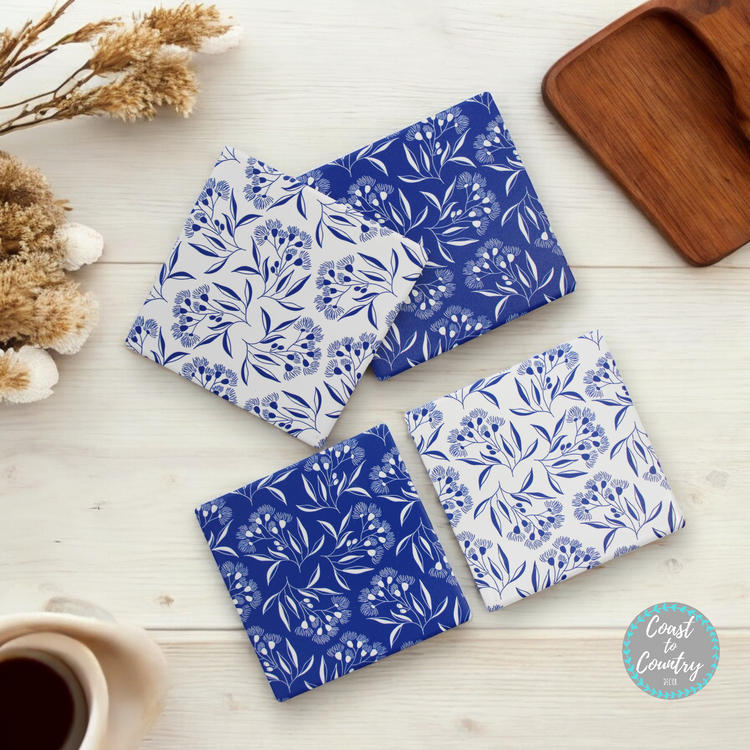 Blue & White Porcelain Coaster S/4 Flowering Gum