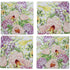 Coast to Country Decor square coasters featuring a vibrant botanical print of peonies, hydrangeas, and songbirds.