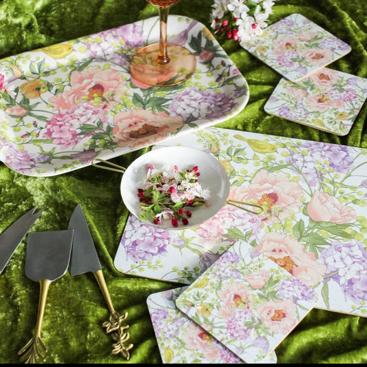 Coast to Country Decor floral placemat and serving tray set with pink peonies and purple hydrangeas on green velvet
