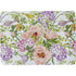 Coast to Country Decor floral placemat with pink peonies, purple hydrangeas, and yellow songbirds on a white background.