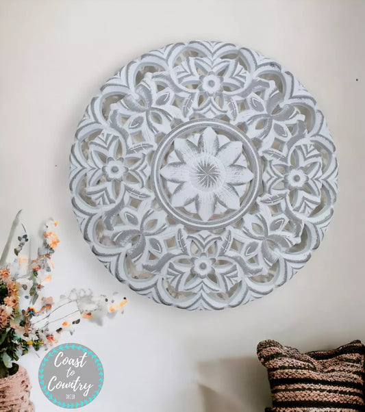 Coast to Country Decor  Hamptons Coastal Grey White Wood Carved Wall Art Mandala 40cm Hand Crafted Boho