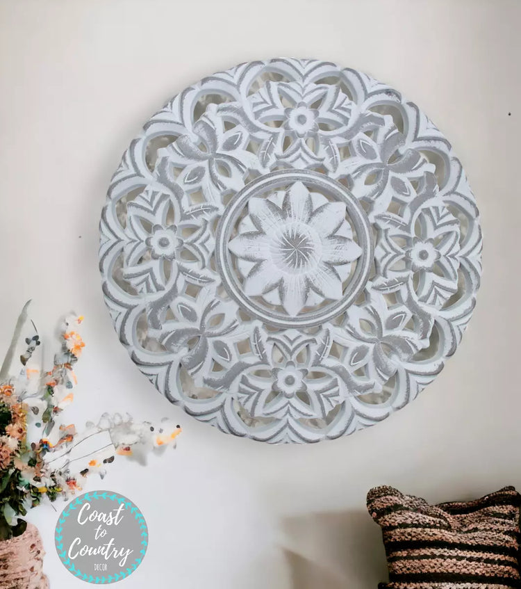 Coast to Country Decor  Hamptons Coastal Grey White Wood Carved Wall Art Mandala 40cm Hand Crafted Boho