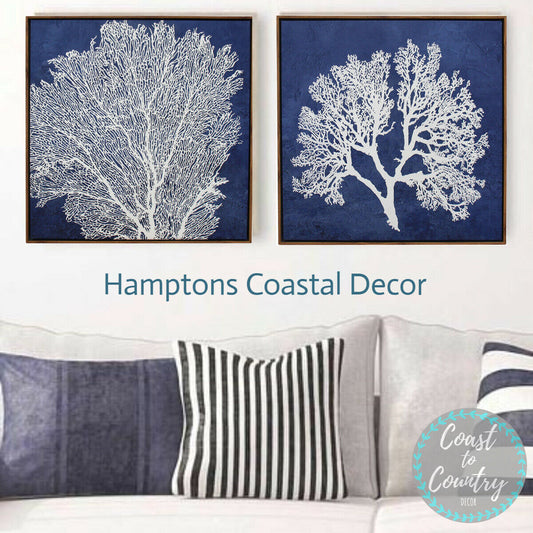 Hamptons Blue White Coral framed canvas print
