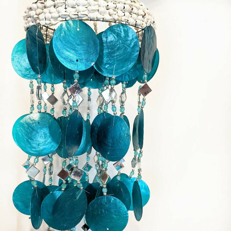 Coastal Shell & Capiz Aqua Hanging Windchime 70cm L Natural Beach Art Ornament