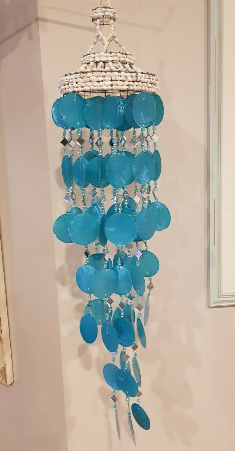 Coastal Shell & Capiz Aqua Hanging Windchime 70cm L Natural Beach Art Ornament