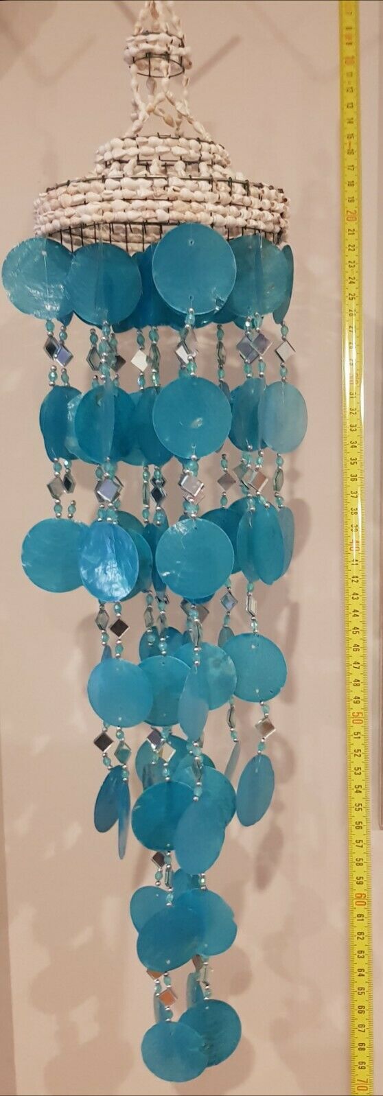 Coastal Shell & Capiz Aqua Hanging Windchime 70cm L Natural Beach Art Ornament