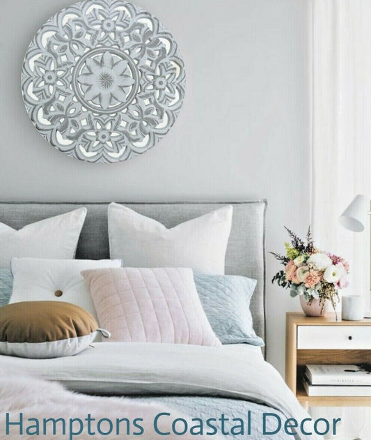 Hamptons Coastal Natural White Wash Wood Carved Wall Art Home Decor Mandala 41cm