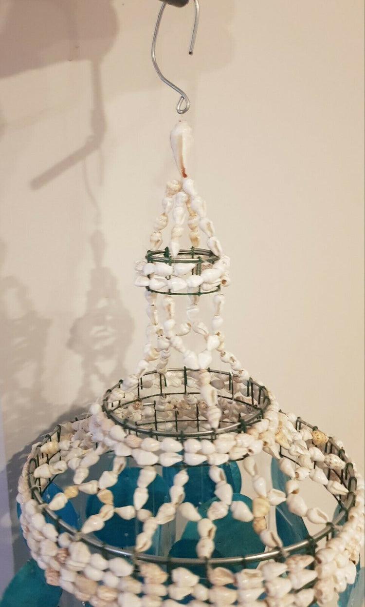 Coastal Shell & Capiz Aqua Hanging Windchime 70cm L Natural Beach Art Ornament